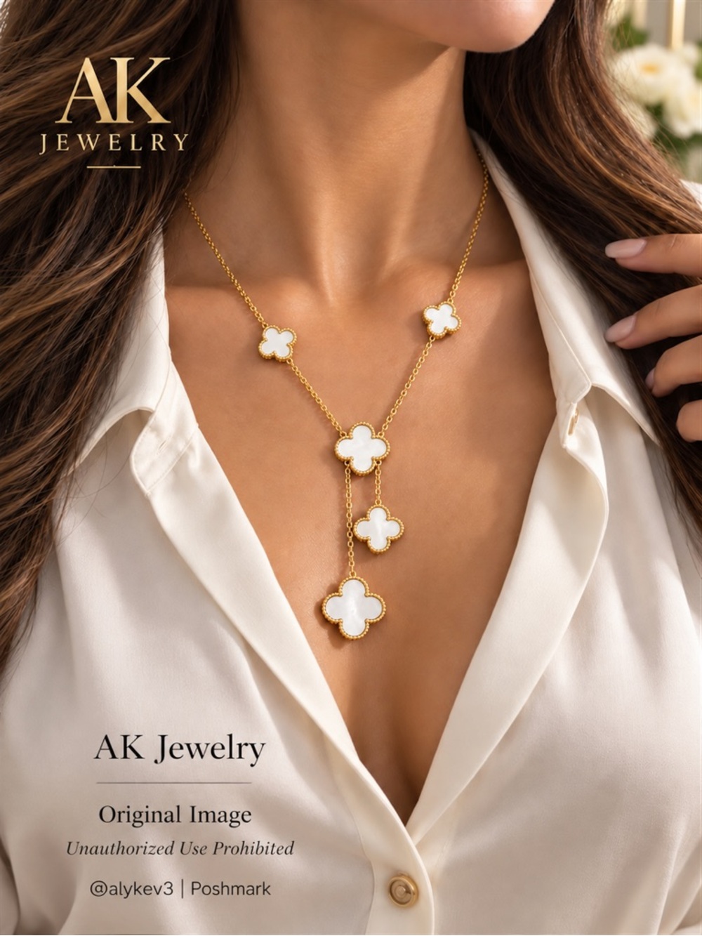 💎18K LUXURY White Mother of Pearl Clover Y-Drop Lariat Necklace | by AK Jewelry™